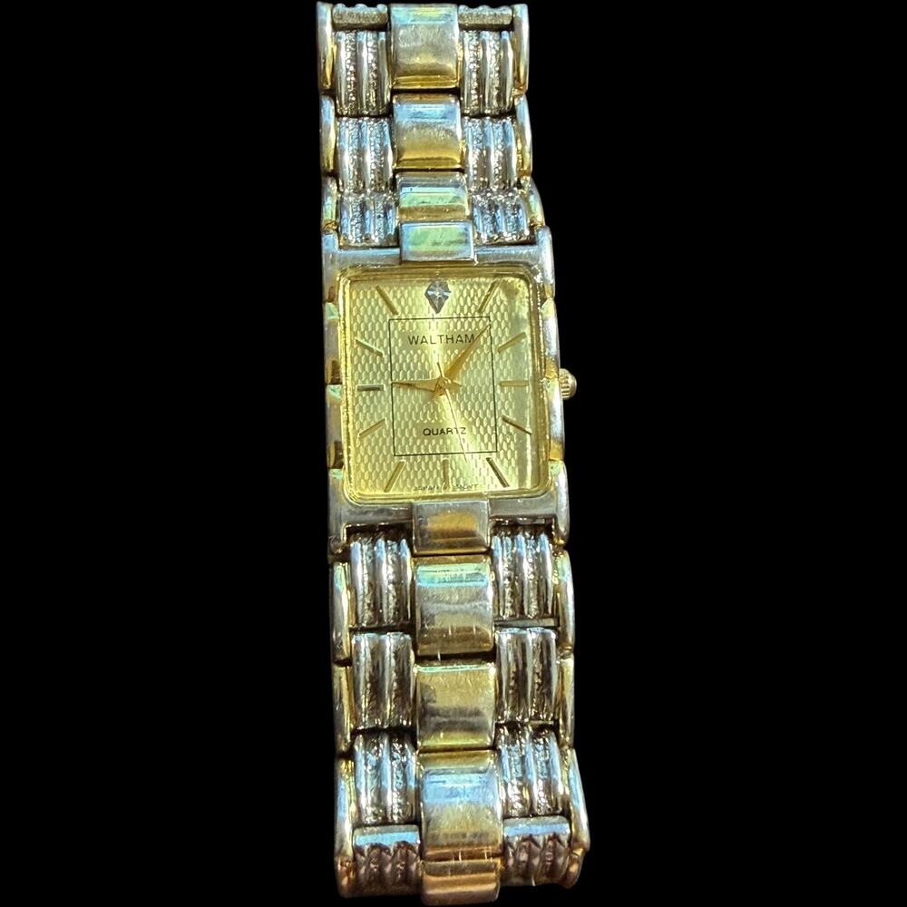 Waltham Quartz Mens Two-Tone Rectangle Tank Watch Diamond Accent Gold Dial Japan